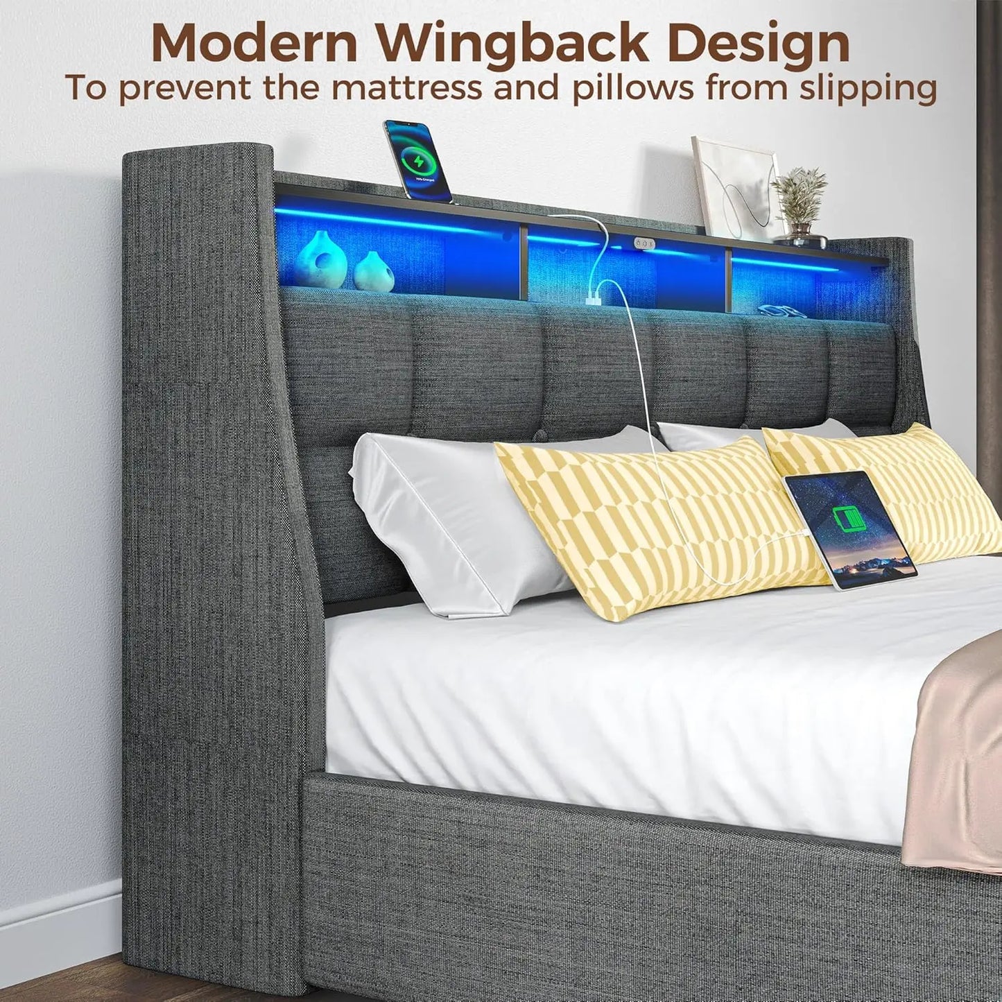 Full Size Bed Frame with LED Lights and Charging Station, Upholstered Bed Storage Headboard & Drawers, Heavy Duty Wood