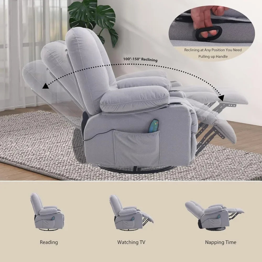 Recliner Chair for Adults,Rocker Recliners with Massage Heat,Fabric Overstuffed Swivel Glider with Cup Holder,Living Room Chairs