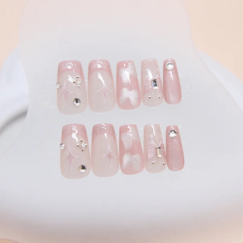 24pcs French Cat's Eye Butterfly Cute Removable Press on Nails Glossy Summer Medium Long Korean Sweet Acyrlic False Nails Square