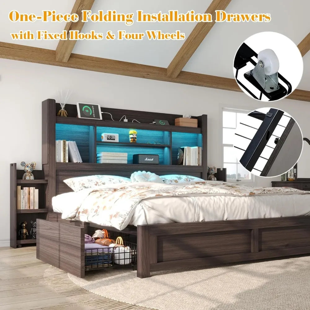 Queen Bed Frame with Bookcase Headboard & 2 Bedside Stoage Racks & 4 Drawers, Wood Bed Frame with RGB LED & Charging Station