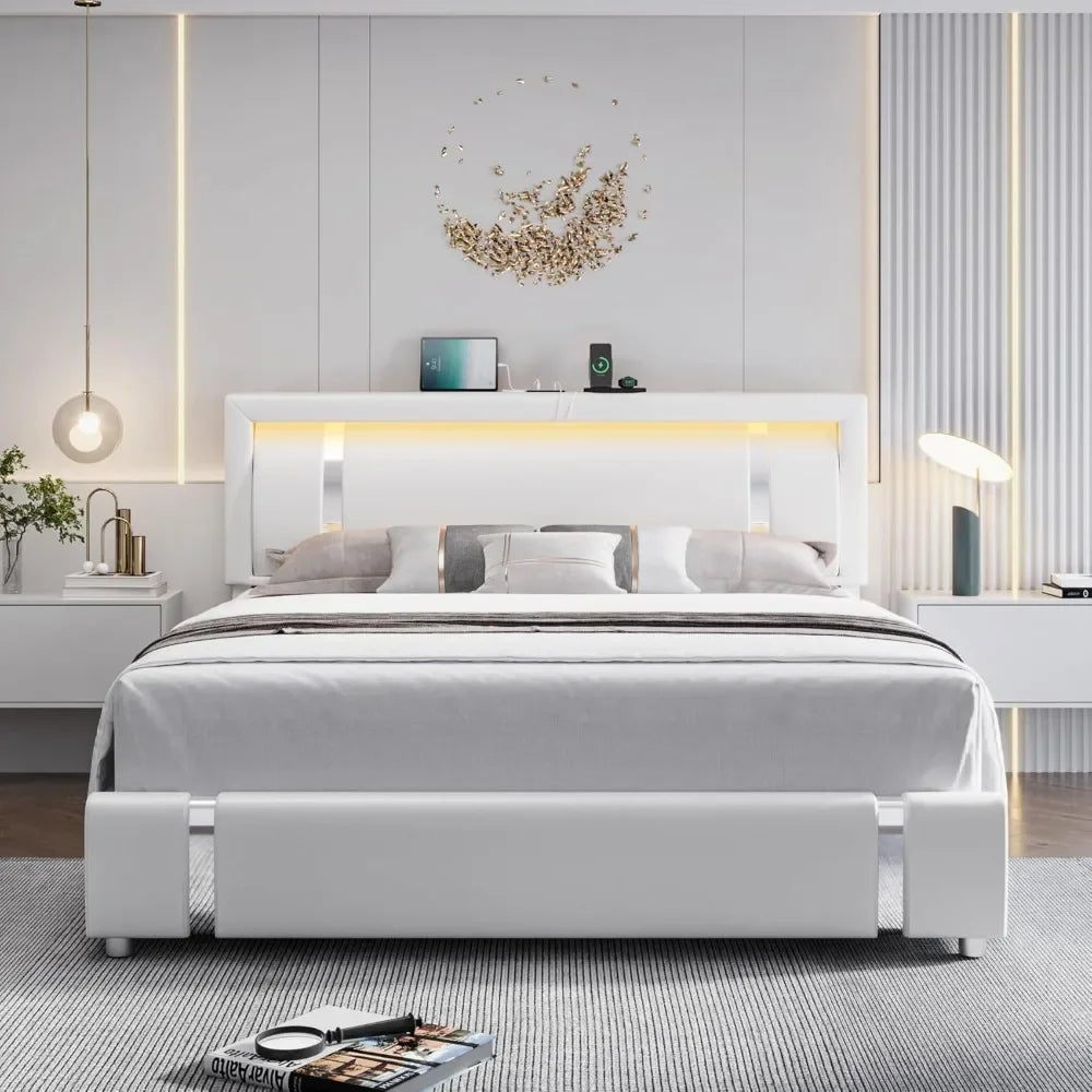 Bed Frame with RGB LED Lights Headboard & 2 Storage Drawers, Modern Upholstered Faux Leather Smart Platform Iron Metal Decor