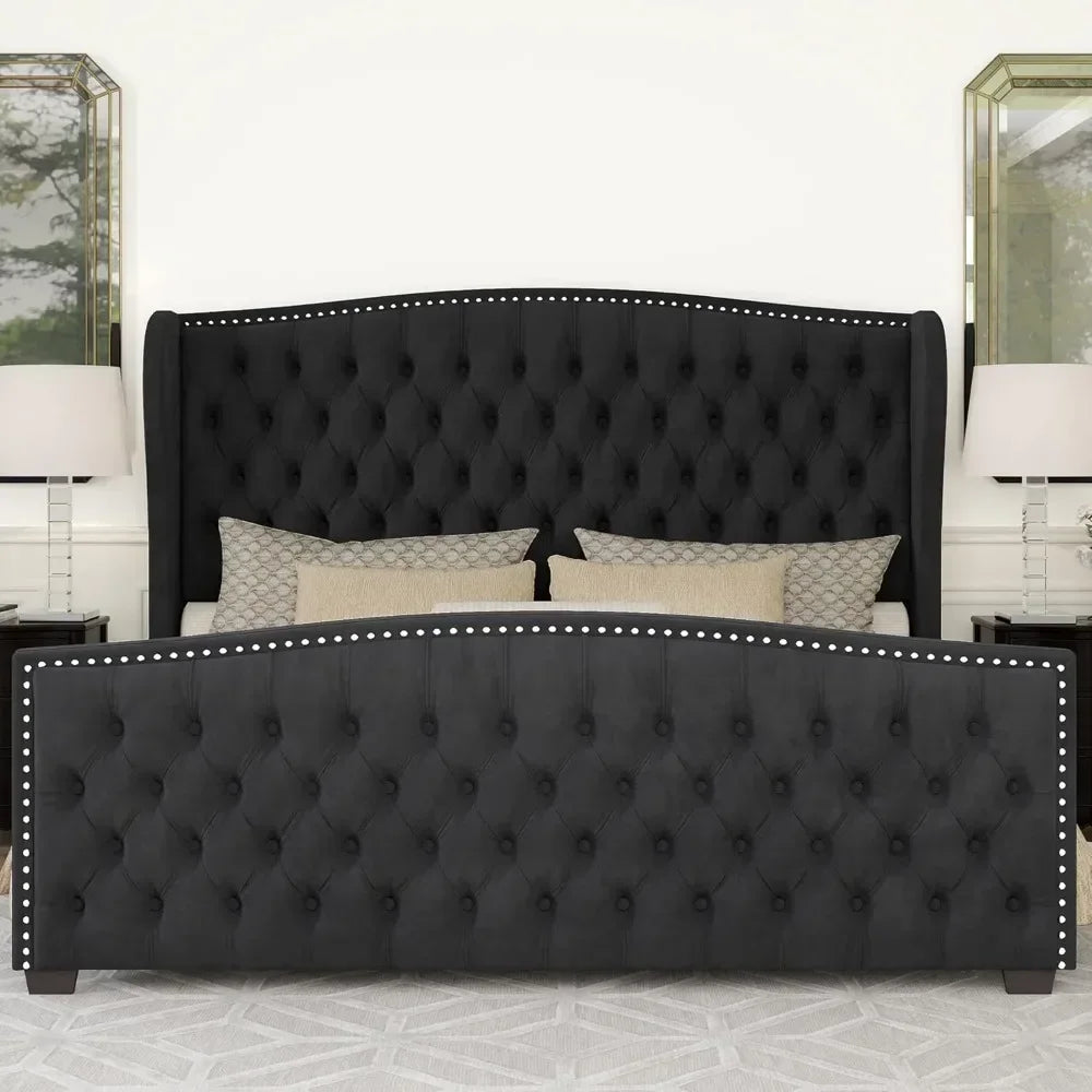 King Size Platform Bed Frame, Velvet Upholstered Bed with Deep Button Tufted & Nailhead Trim Wingback Headboard