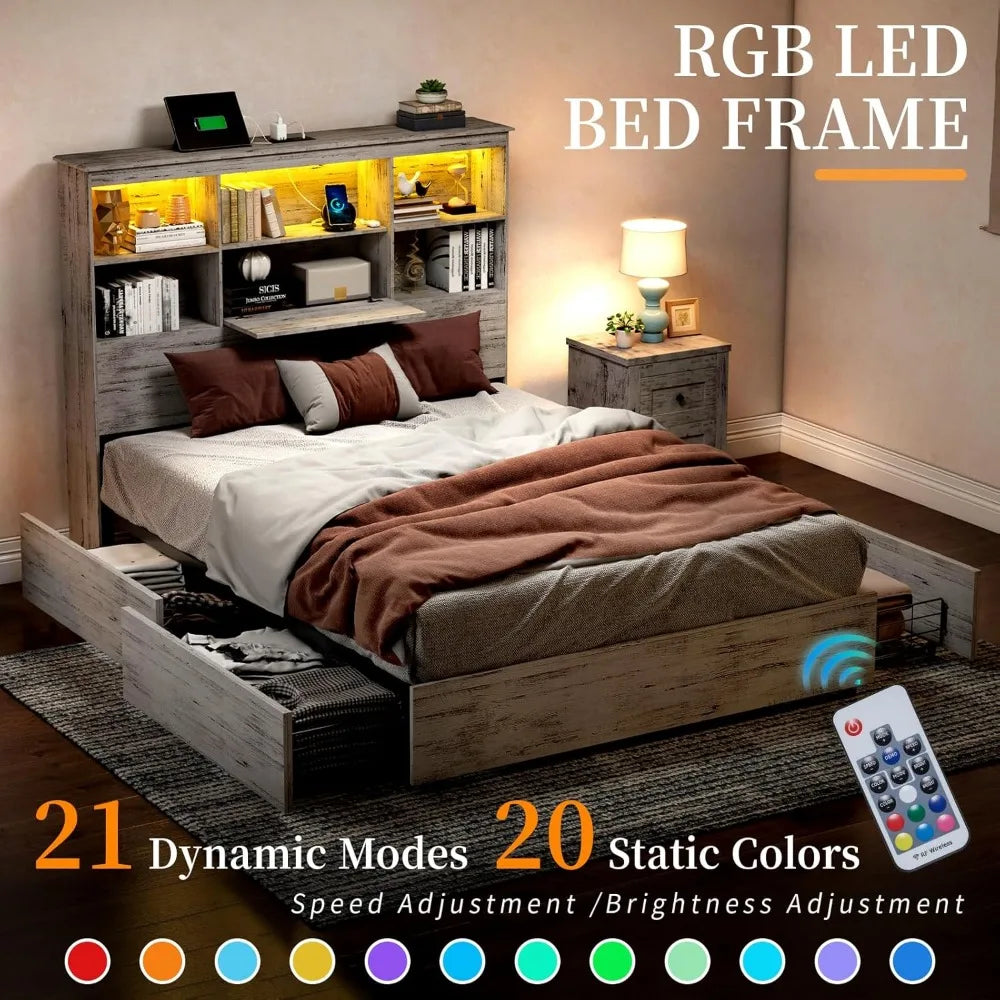 Wooden Storage Bed With Charging Station & 4 Drawers No Box Spring Needed/Noise-Free/White Birch Bunk Beds Bedroom Double Queen