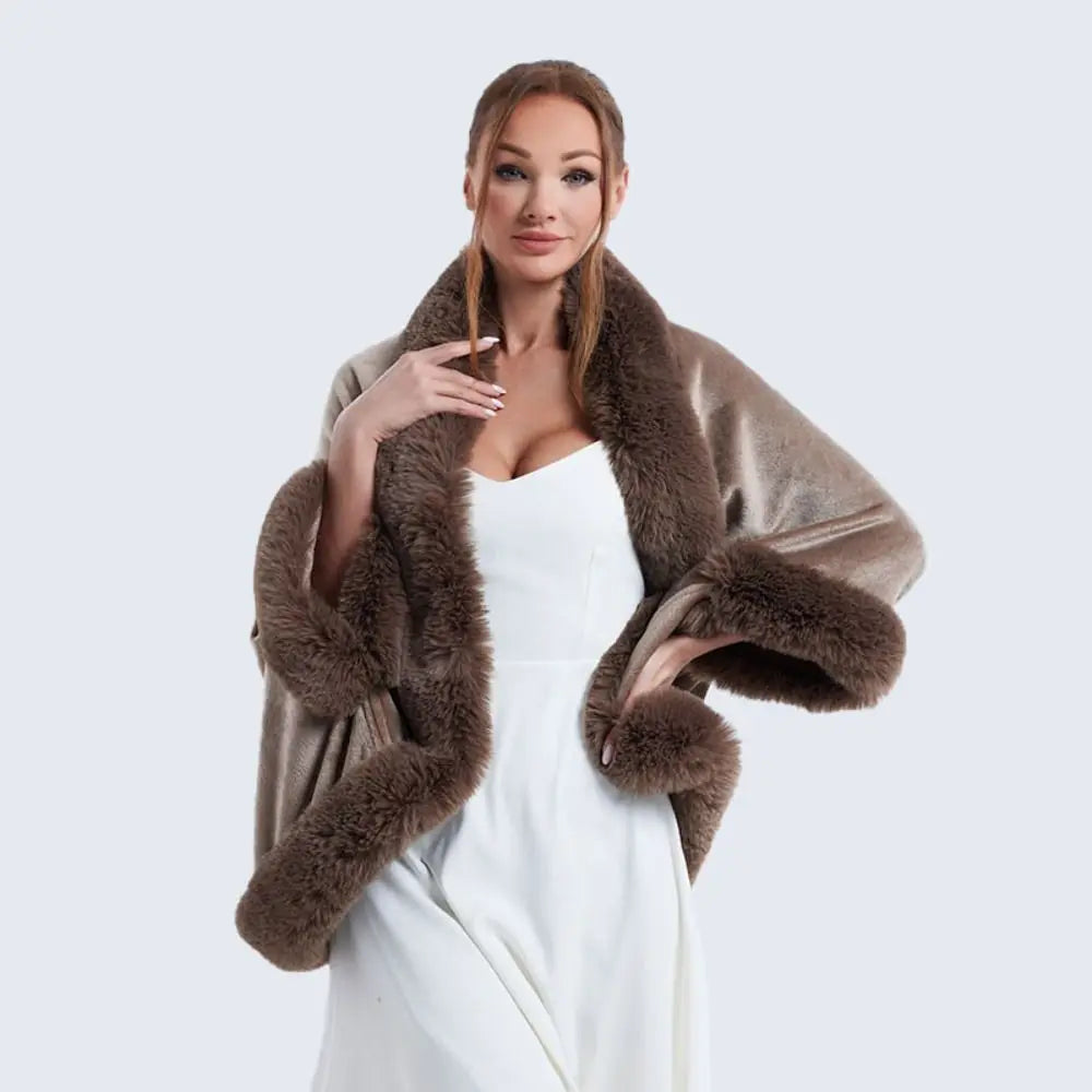 Trendy Winter Warm Plush Shawl Thicken With Sleeves Faux Fur Collar Shawl Coat Cardigan Cape