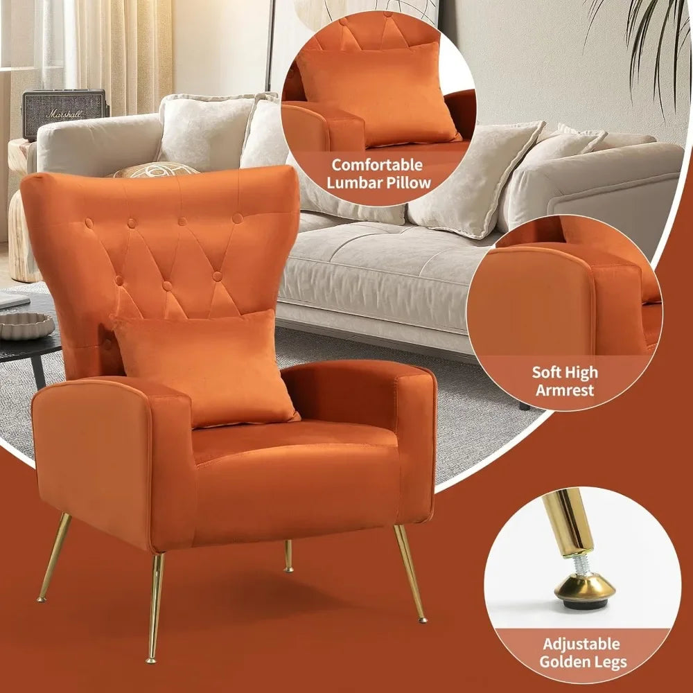 Button-Tufted Living Room Chairs Set of 2, WingBack Velvet Accent Chair Armchair with Lumbar Pillow, Orange, Living Room Chairs