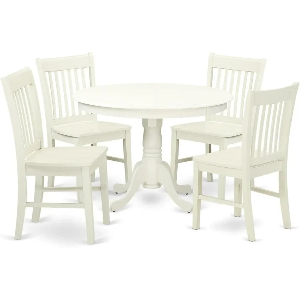 5 Piece Dining Table Set for 4 Includes a Round Kitchen Table with Pedestal and 4 Dinette Chairs, 42x42 Inch, Linen White