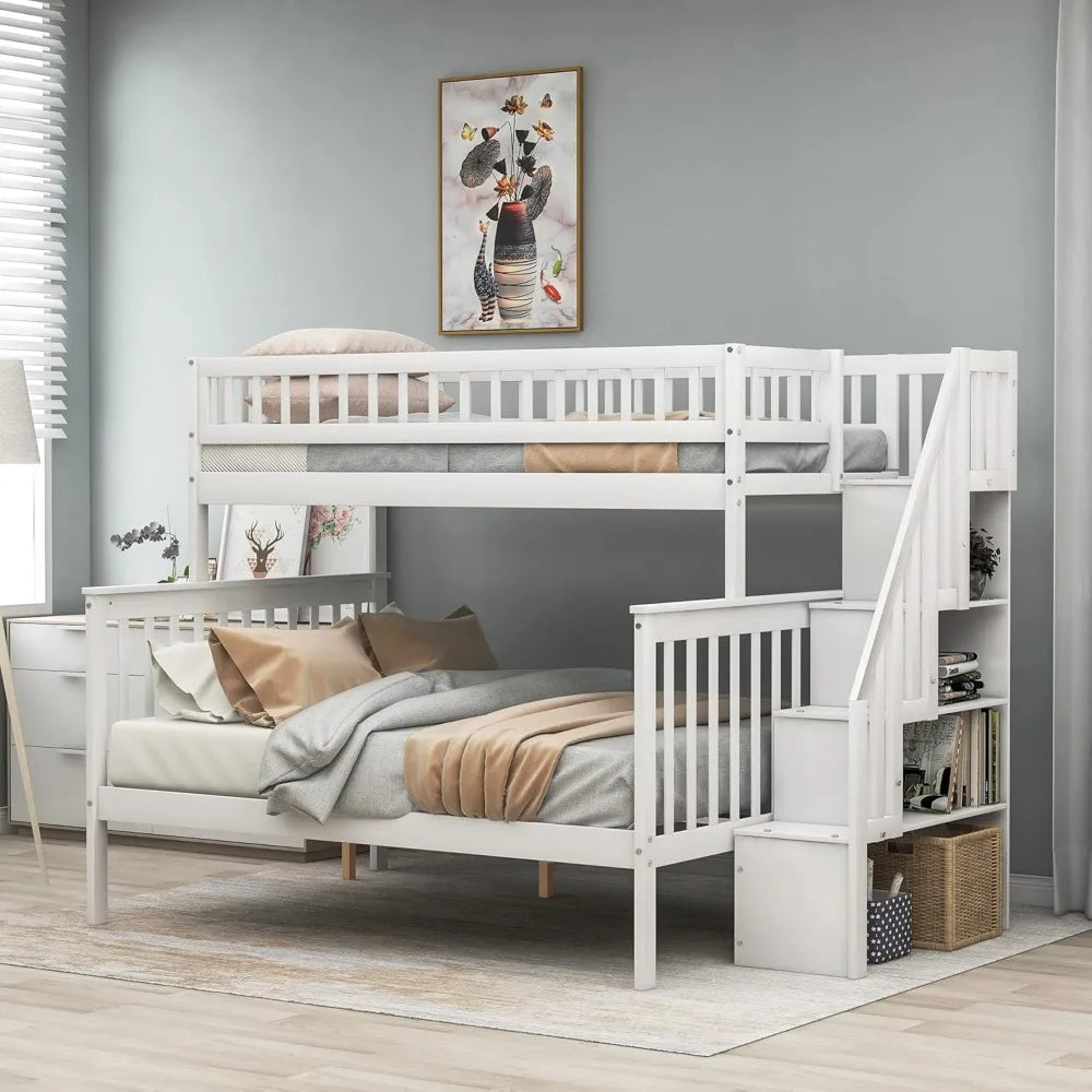 Bunk Bed, with Storage, Wood Bunk Bed Frame Can Be Divided Into Two Beds, Solid Wood Bunk Beds