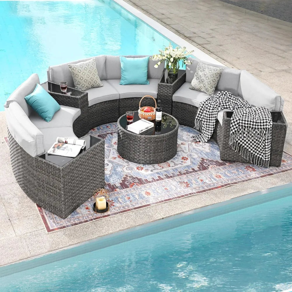 Outdoor Patio Furniture,11Piece Half-Moon Sectional Round Patio Furniture Set,Tempered Glass Round Coffee Table,Outdoor Sofa Set