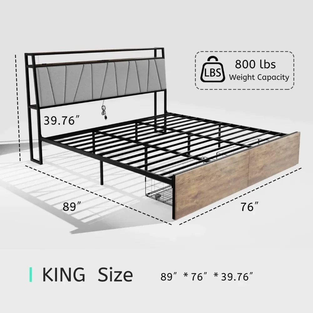 Bed Frame with LED Lights and USB Ports Bed Frame with 2 Drawers Platform Bed with Headboard and Under-Bed Storage free shipping