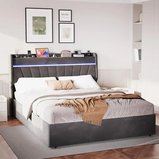 Queen Platform Bed Frame with Headboard,Bed Frame with Type C & USB Charging Port,Lift Up Storage Bed Frame with Led Lights