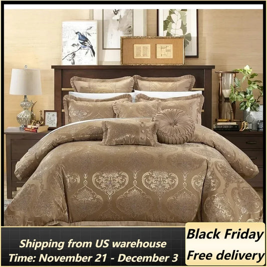 Chic Home 9 Piece Upholstery Quality Jacquard Motif Fabric Bedroom Comforter Set & Pillows Ensemble, King, Gold