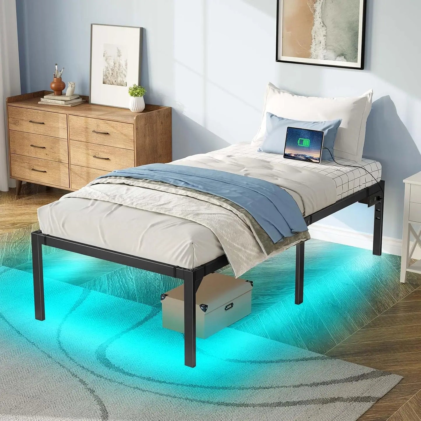 Bed Frame with USB Charging Station, Twin Bed Frame with LED Lights, Platform Bed Frame with Heavy Duty Steel Slats, 1