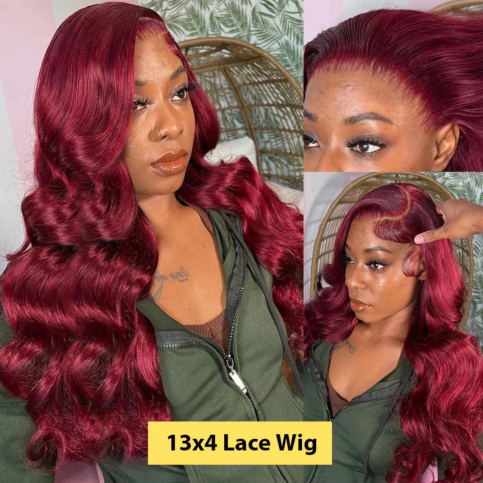 99j Burgundy Body wave Lace 13x4 Front Human Hair 13x6 200 Density HD Transparent Lace Frontal Wig Brazilian For Black Women