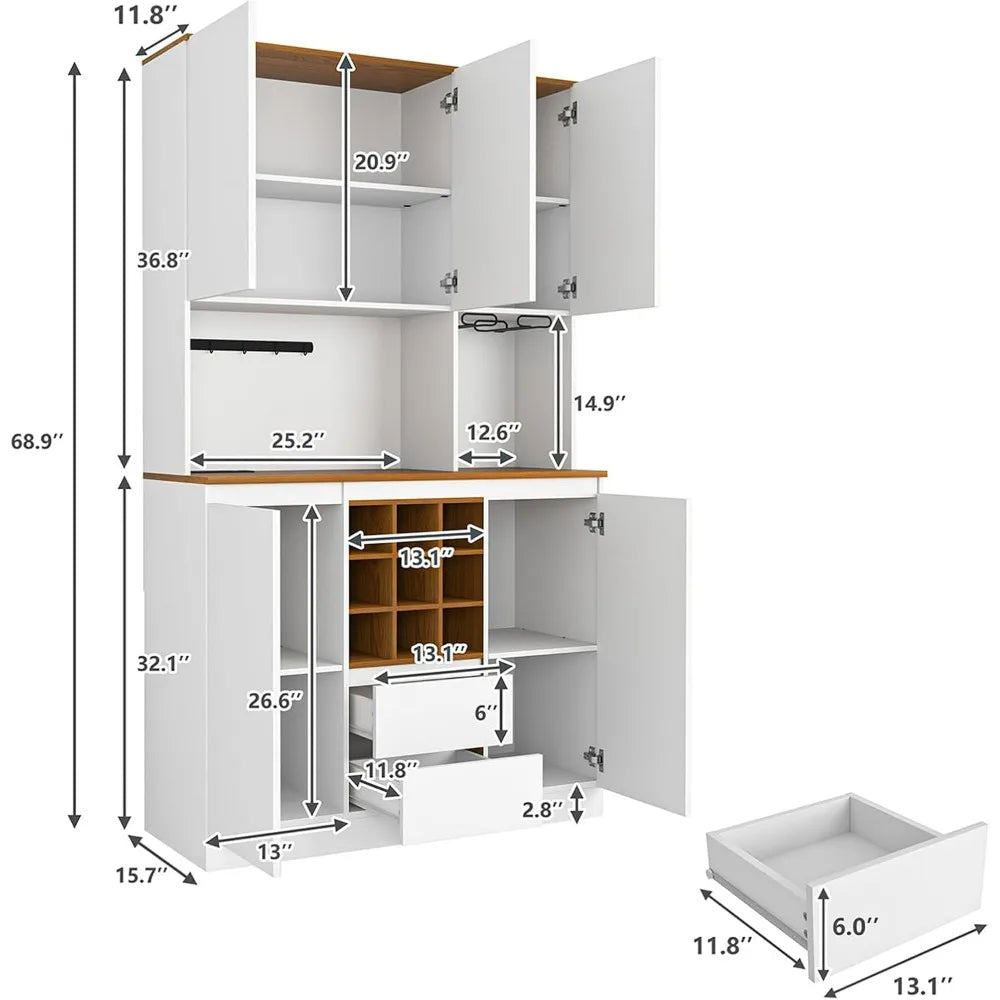 Modern Farmhouse Wine Coffee Bar Cabinet,69 Inch Tall Kitchen Pantry Cabinet Sideboard Buffet Storage Cabinet for Dining Room