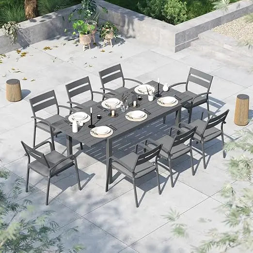 9-Piece Outdoor Patio Dining Set,8 Stackable Chairs with Gray Removable Cushions,Aluminum Expandable Outdoor Dining Table Set