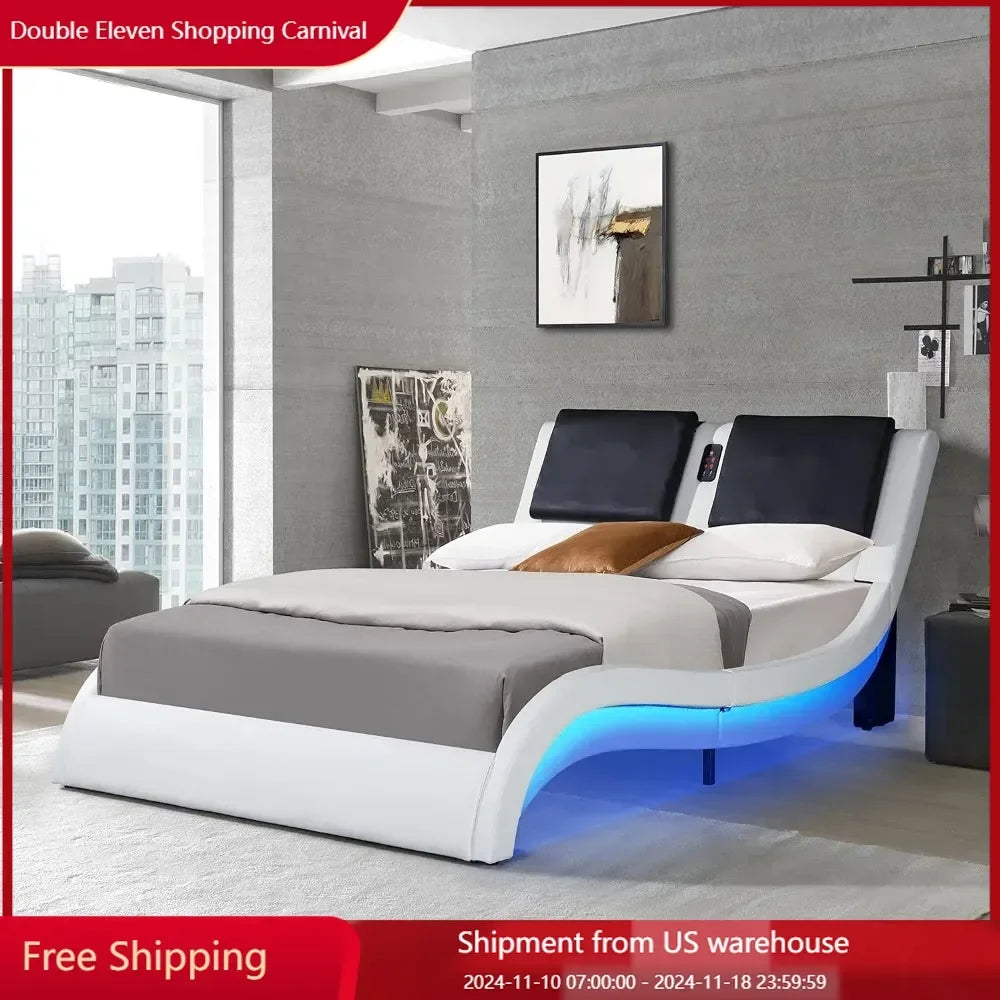 Upholstered Platform Bed Frame with led Lighting,Bluetooth Connection to Play Music Control Backrest Vibration Massage