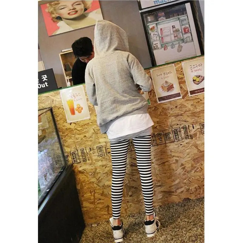 Womens Autumn Ankle Length Skinny Leggings Black White Horizontal Striped Printing Pencil Pants Stretch Casual Tights