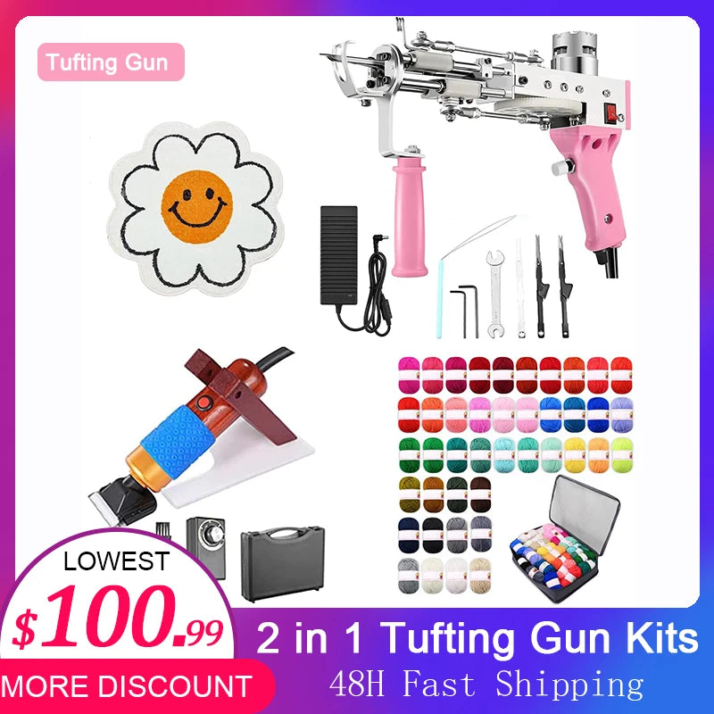 2 in 1 Pink Tufting Gun Kits Cut Pile Tufting Handheld Knitting Rug Gun with Tufting Yarn Trimmer Cloth Carving Machine Tools