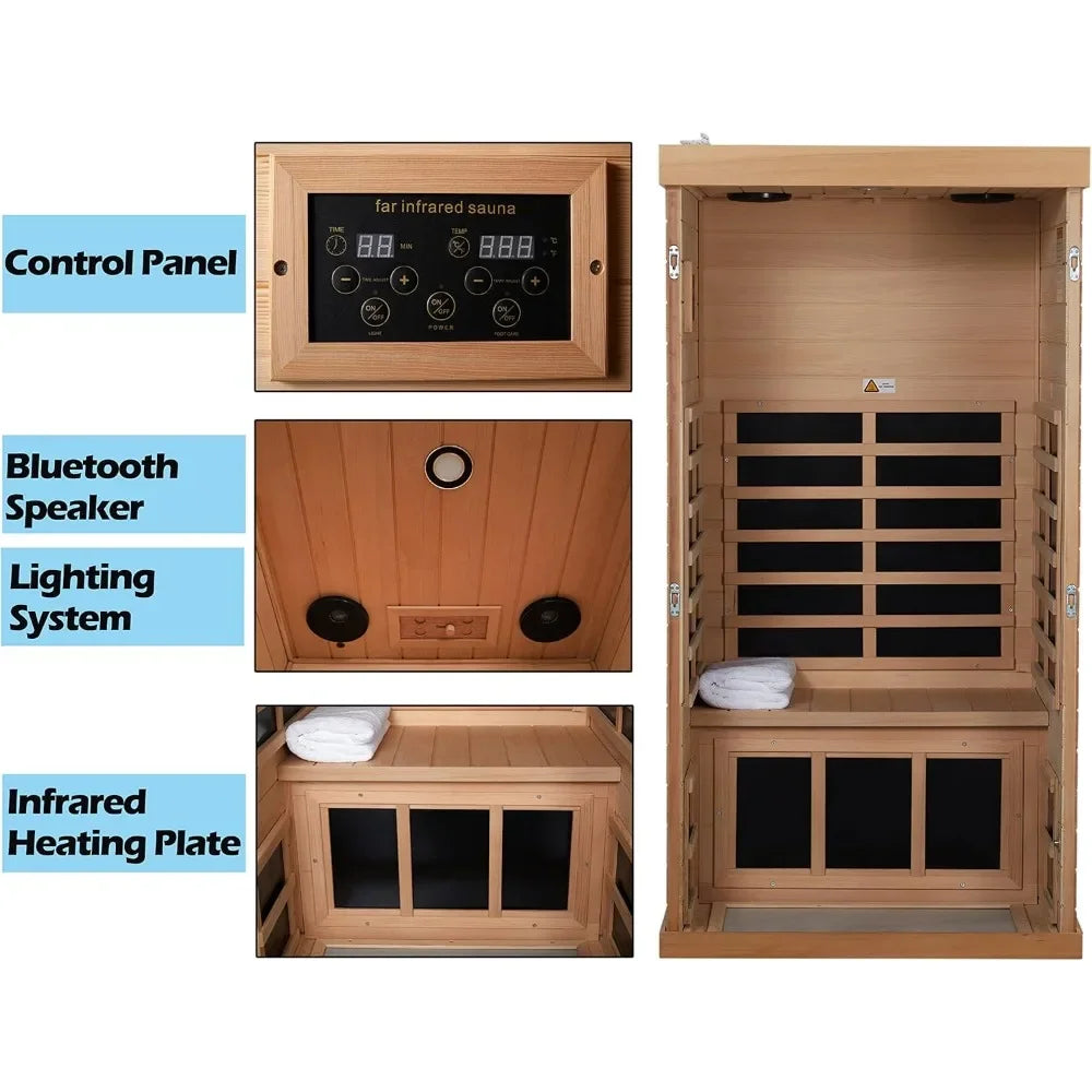 Sauna 1 Person Low EMF Far Infrared Saunas, 1350 Watt Indoor Personal Sauna Room with 2 Bluetooth Speakers, 1 LED Reading Lamp