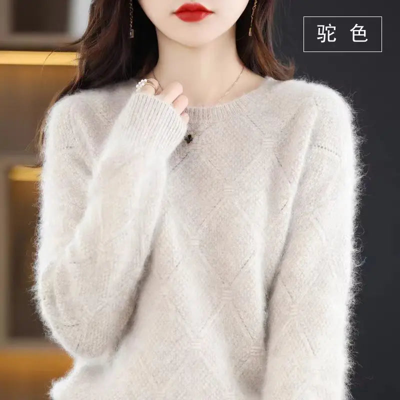 100% Mink cashmere sweater Women's knitting sweater O-neck long sleeve pullover Autumn and winter clothing warm top