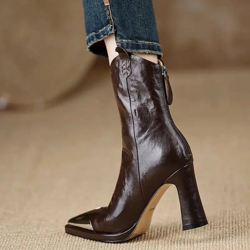 Vintage Brown Women Ankle Boots Fashion Elegant Zippers Shoes Autumn Winter Square Heel Laides Stretch Modern Short Booties