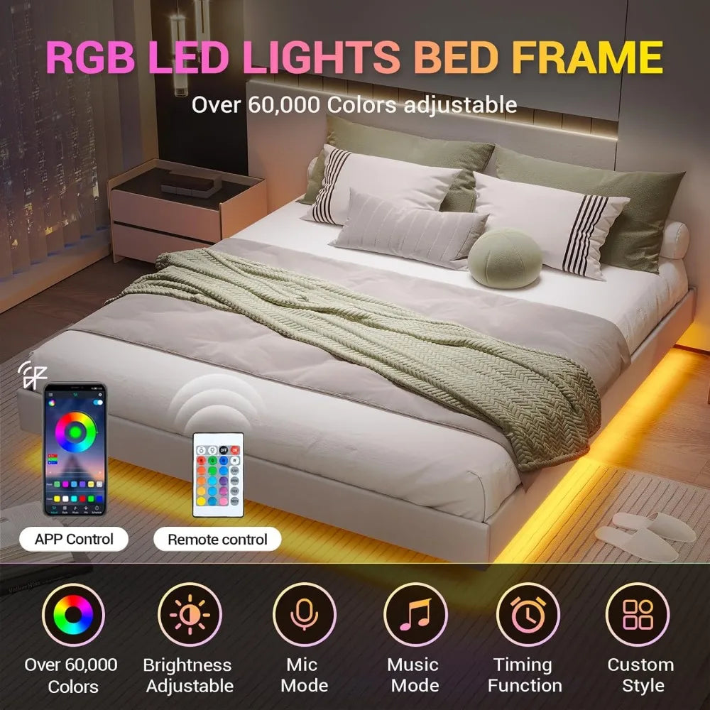 Floating Bed Frame with LED Lights Upholstered Low Profile Platform Bed Frame no Headboard Faux Leather Visual Floating Led Bed