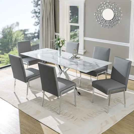 Upholstered Dining Chairs Set of 6, Armless Grey Accent Chairs with Chromed Metal Legs, Dining Chairs