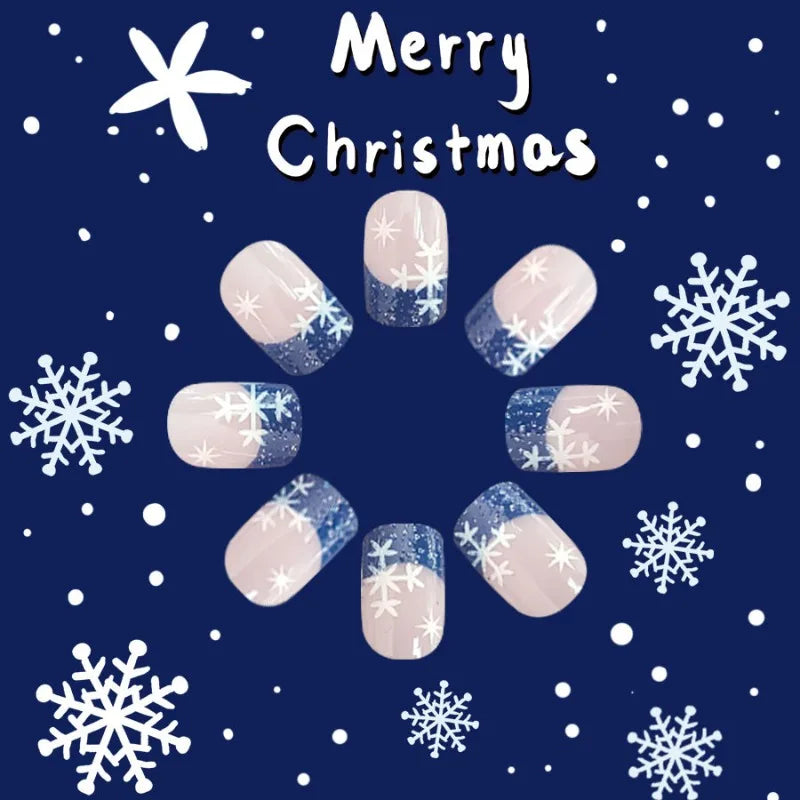 24 Pcs Christmas False Nails for Beautiful Gluing Dark Blue French Press on Nails Snowflake Glitter Short Square Fake Nails 2024