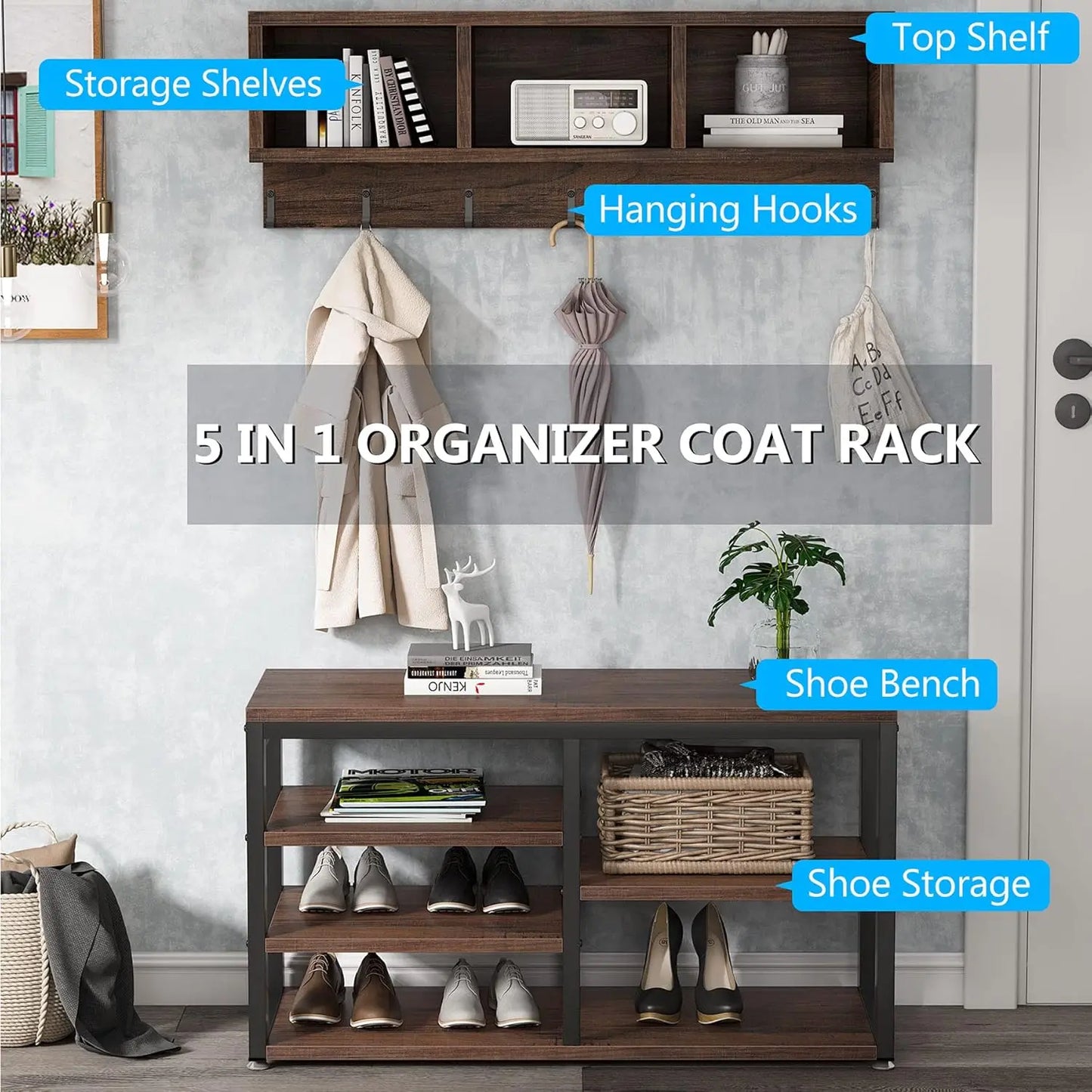 Industrial [Shoe] [Rack] [Bench] with Coat [Rack] Set with Hall Tree, 3 Storage Cubbies, 7 Hooks for Entryway, Hallway