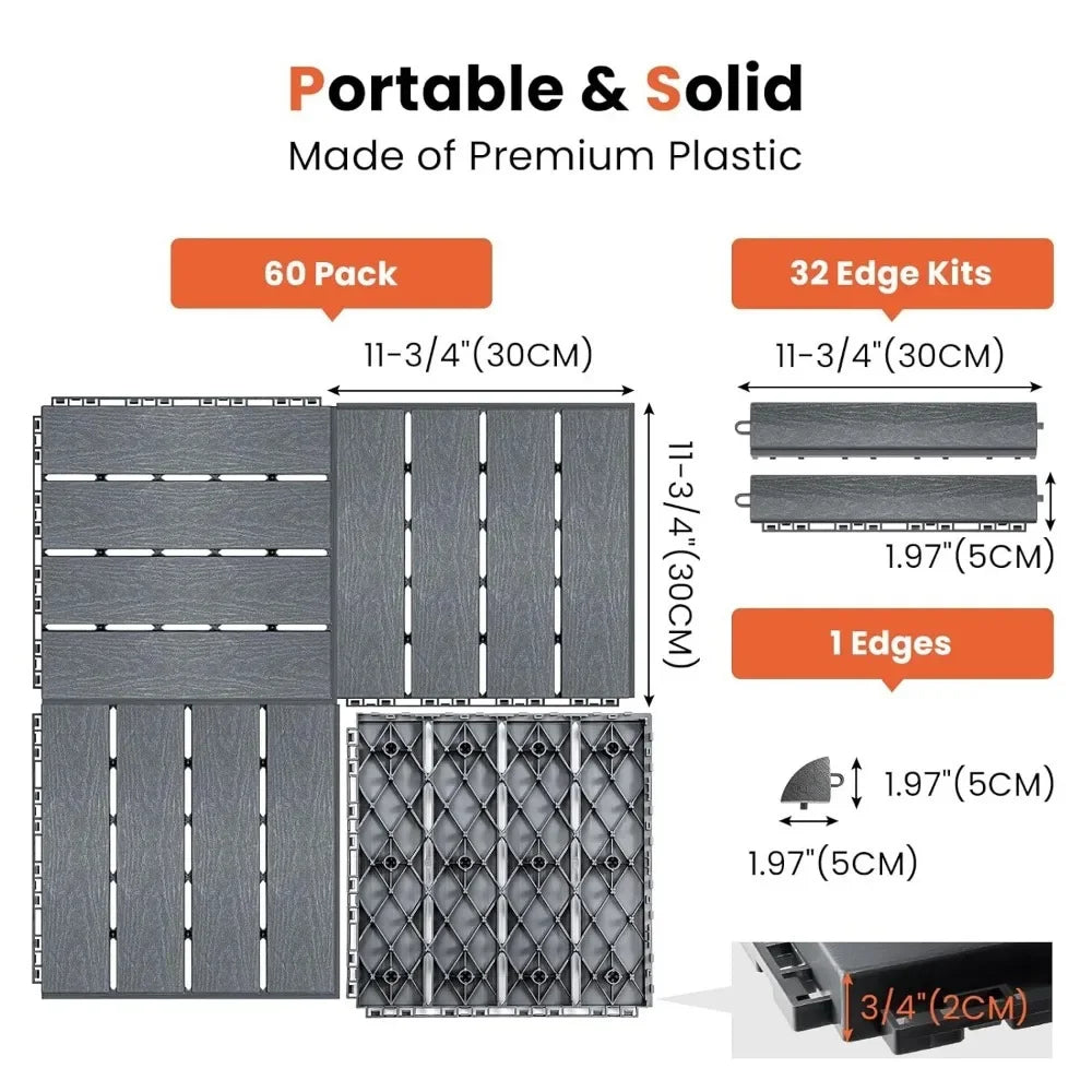 Garden flooring, 60 pack interlocking, with 32 transition edge kits 11.8 "x11.8" Patio tile waterproof outdoor, garden flooring