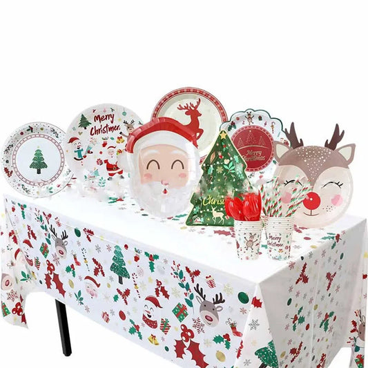 10pcs Christmas Disposable Tableware Santa Claus Elk Xmas Tree Paper Plates Napkins Merry Christmas Decor Happy New Year 2025