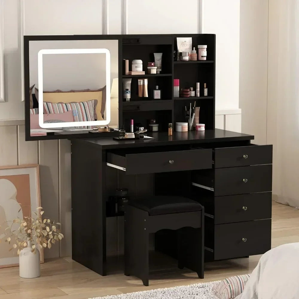 Vanity Desk Set with Large Sliding Lighted Mirror, Dressing Table with 5 Drawers, Storage Shelves & Cushioned Stool Makeup Table