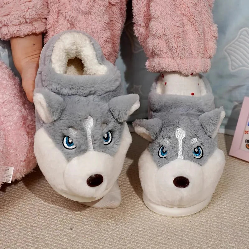 Women Indoor Cotton Slippers Cute Cartoon Dog Winter Warm Shoes Couples Home Floor Slides Anti-slip  Female Male House Footwear