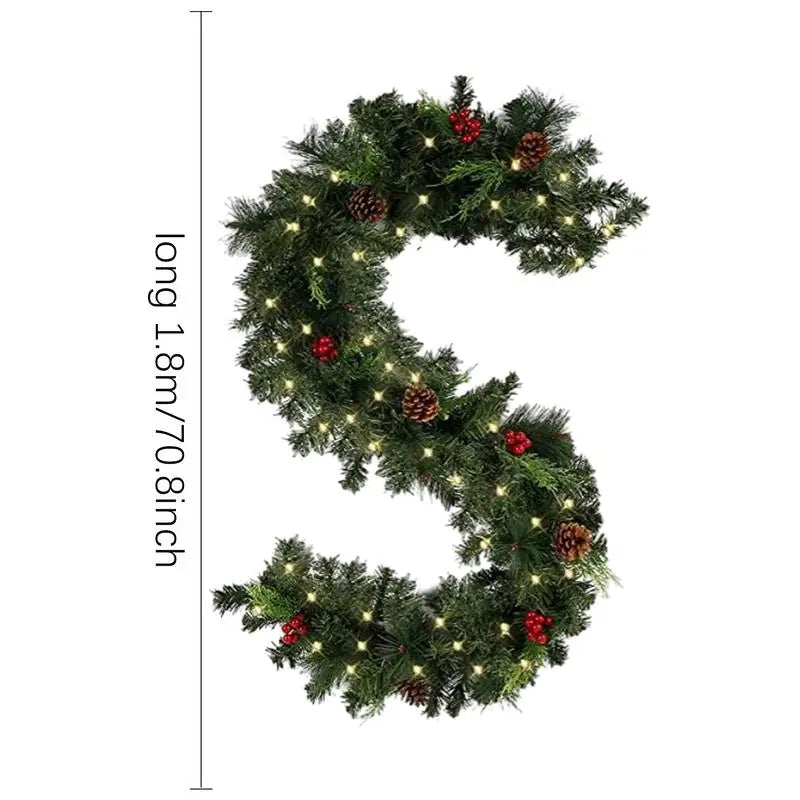 1.8M DIY Christmas Garland Outdoor Artificial Pine Garland Thick Battery Powered 2 Lighting Modes Christmas Red Berry Garland