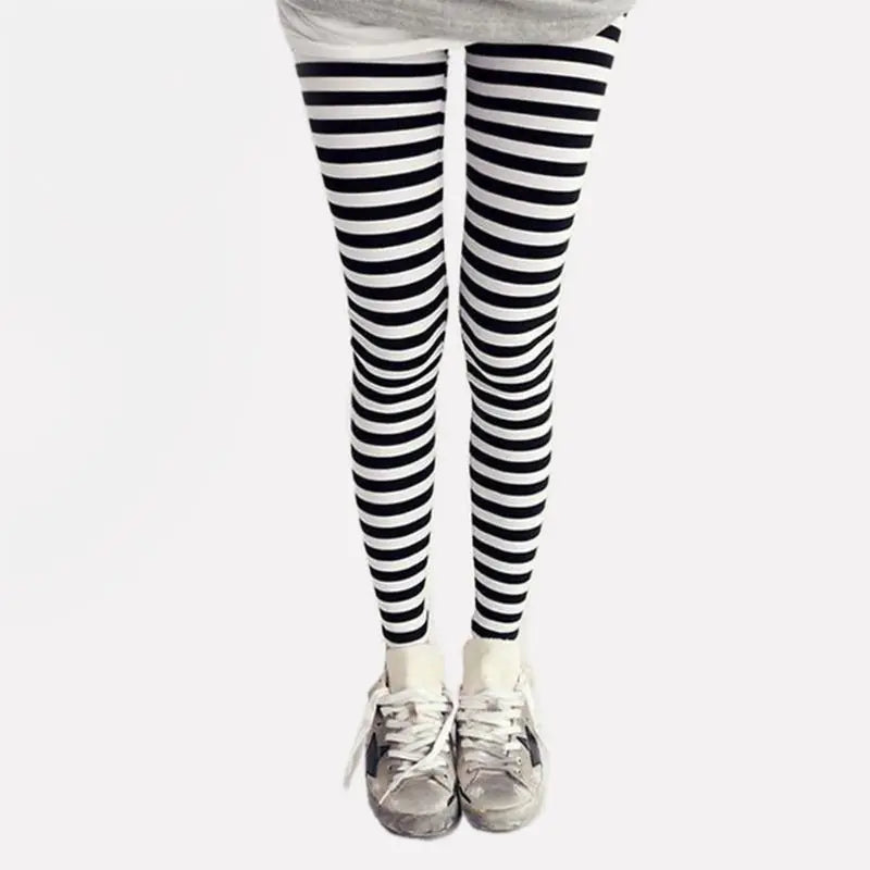 Womens Autumn Ankle Length Skinny Leggings Black White Horizontal Striped Printing Pencil Pants Stretch Casual Tights