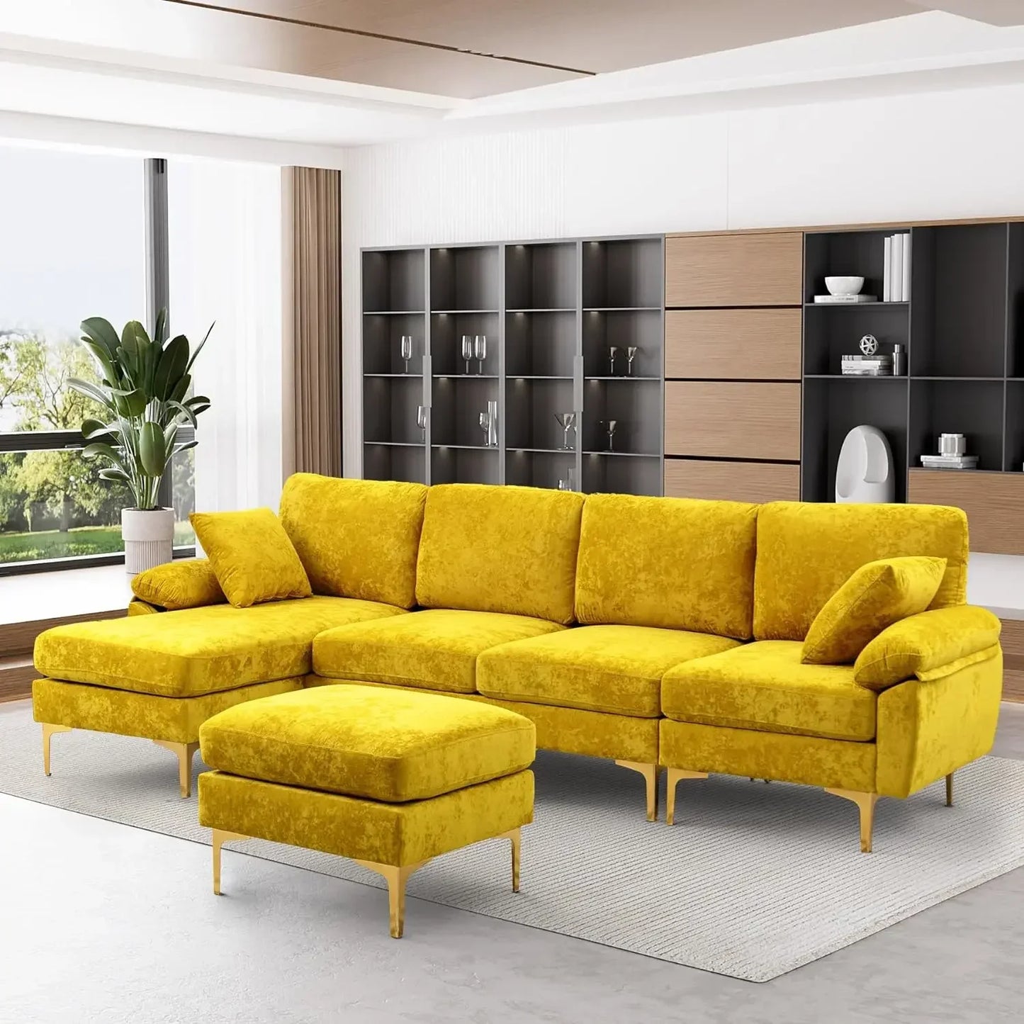 U-Shaped Sectional Sofa Couch, 4 Seat Sofa Set for Living Room, Convertible L-Shaped Velvet Couch Set