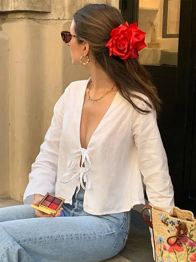 Fashion Linen Lace Up Bow Tops For Women Casual V Neck Hollow Out Long Sleeve Shirts 2024 Spring Chic High Street Thin Blouses