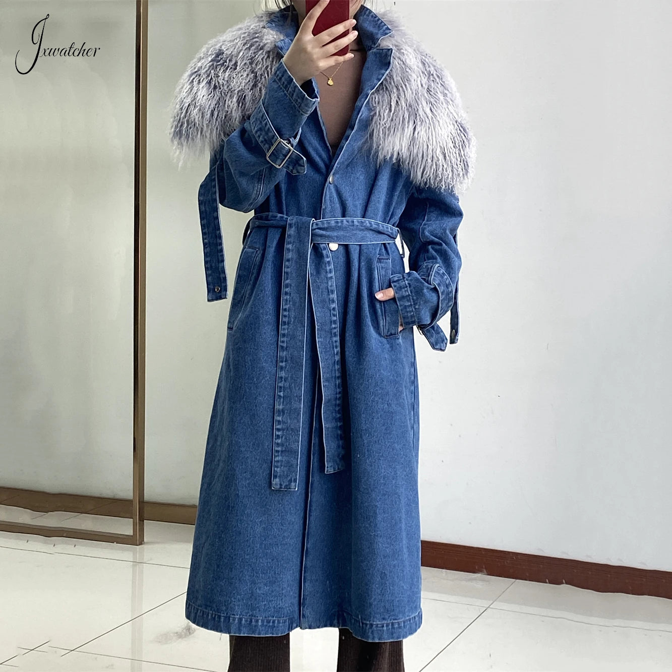 Jxwatcher Denim Coat 2024 New Coming Denim Windbreak With Mongolian Fur Collar Women's Spring Jacket Ladies Trench Coats Autumn