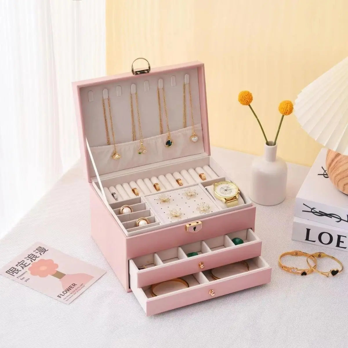 Three Layers New Retro High Quality Pu Jewelry Box With Necklace Hook  Earrings Ring Bracelet Storage Case Green  Colors