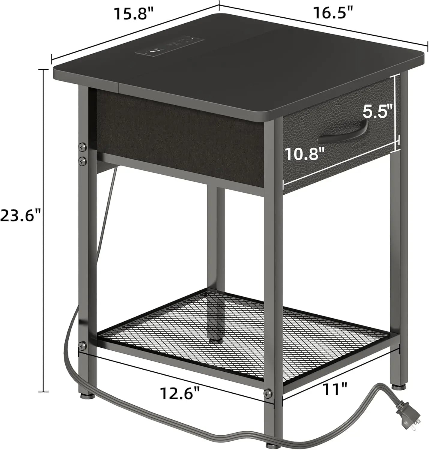 Set of 2 with Charging Station and Fabric Storage Drawer,16.5" x 15.8" Side Table with Storage for Bedroom