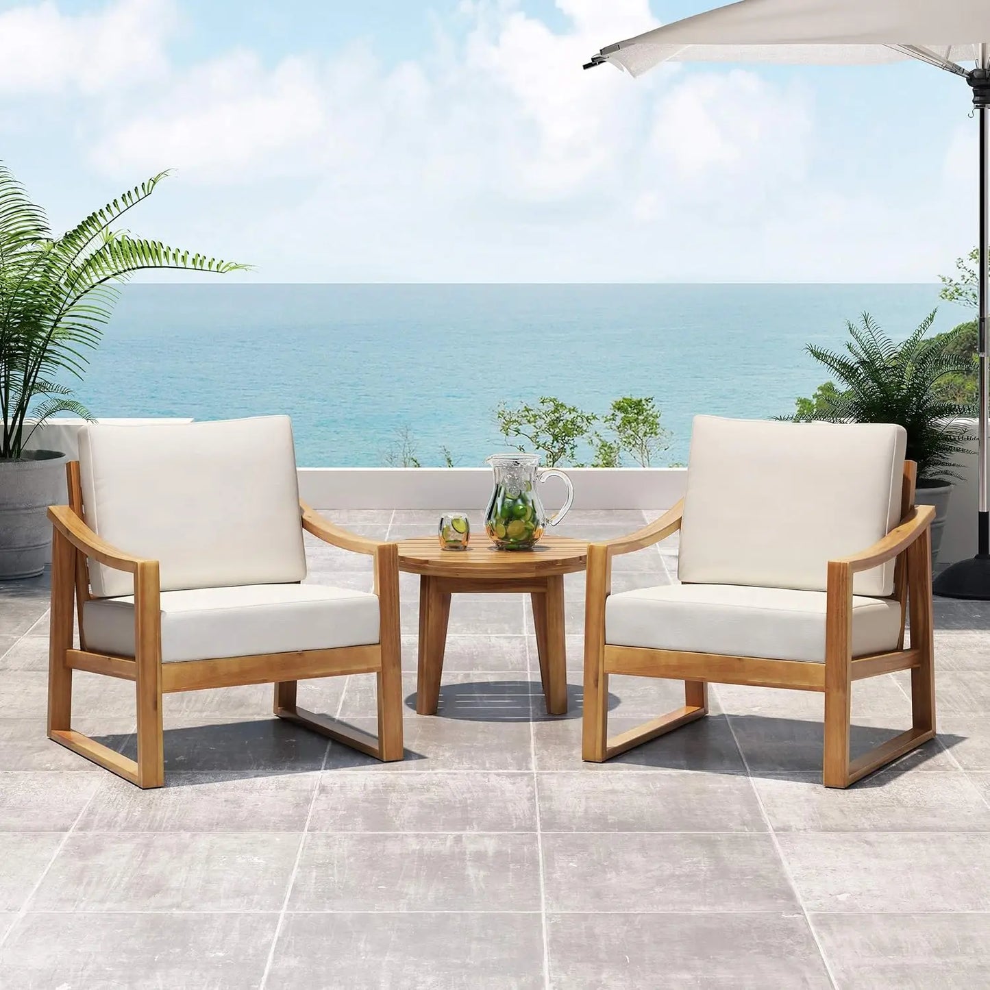 Knight Home Adolph Outdoor Acacia Wood Club Chairs with Water Resistant Cushions, Teak and Beige