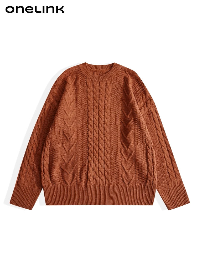 ONELINK Plus Size Sweater Autumn Winter 2022 Woolen Pullover Women Brown Twist Cable Pattern Knitting O Neck Oversize Clothing