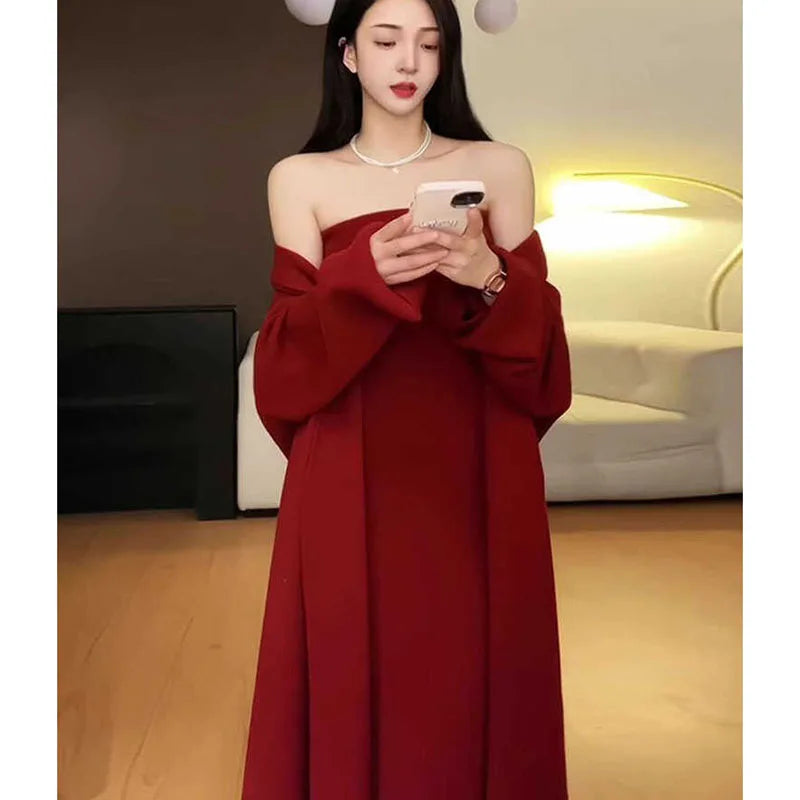 Korea Knitted Cardigan Sweater Strapless dress Suit Women's Mid-length Vintage Chic Coat Elegant Two-piece Autumn Winter 2025