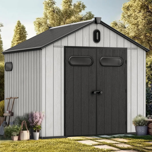 8x8ft Outdoor Resin Storage Shed with Floor, Waterproof Garden Shed with Lockable Door, Windows & Vents, Plastic Tool Storage