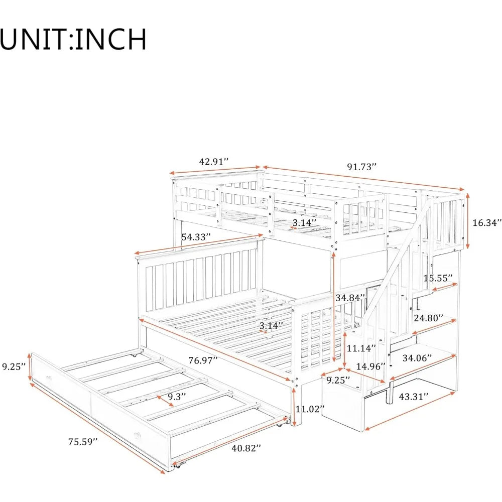 Bunk Bed, with Trundle and Storage Shelves, Twin Over Full Size Bunk SBeds Frame for Kids Teens Adults, Wood Bunk Bed Frame