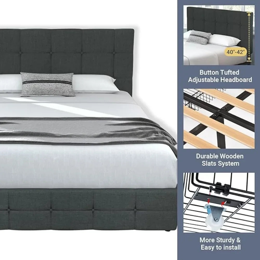 Upholstered Full Size Platform Bed Frame Square Stitched Button Tufted Bed Bases with 4 Storage Drawers and Headboard