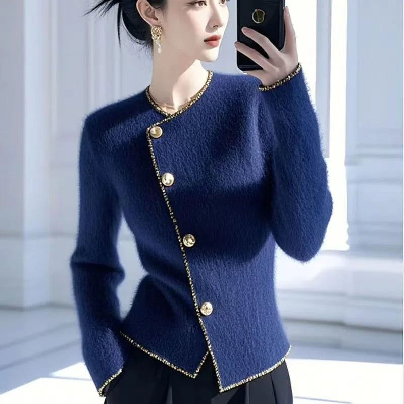 Autumn Winter Vintage Fashion Thick Warm Solid Knitted Cardigan Women's Clothing Elegant Slim Wool O-neck Soft Sweaters