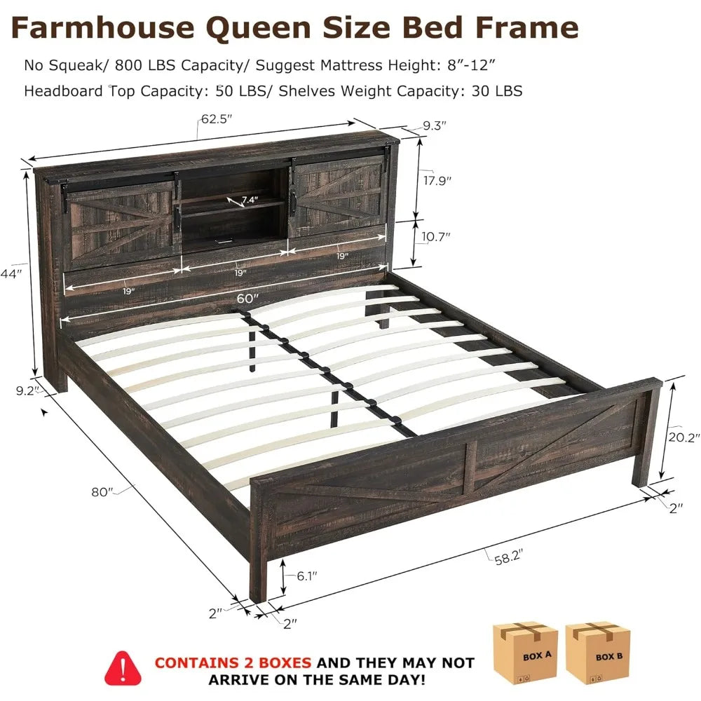 Sliding Barn Door Double Bed Dark Rustic Oak No Box Spring Needed Rustic Wood Platform Bed W/Wood Slats Support Charging Station