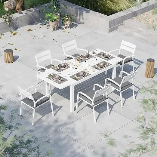 7-Piece Outdoor Patio Dining Set, 6 Stackable Chairs with Gray Removable Cushions,Aluminum Expandable Outdoor Dining Table Set