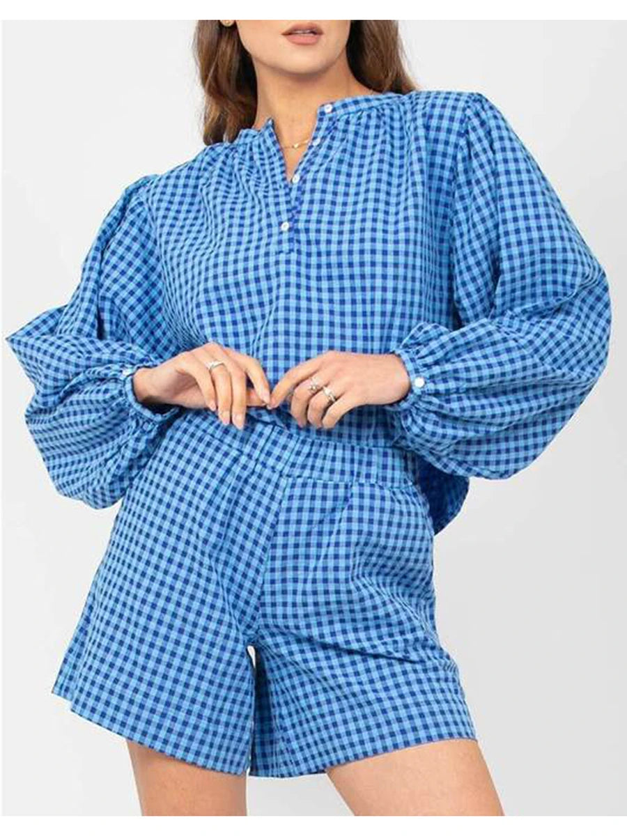 Women Pajamas Set 2 Pieces Loungewear Suits Plaid Buttons Long Sleeve Loose Tops and Shorts Sleepwear Outfits